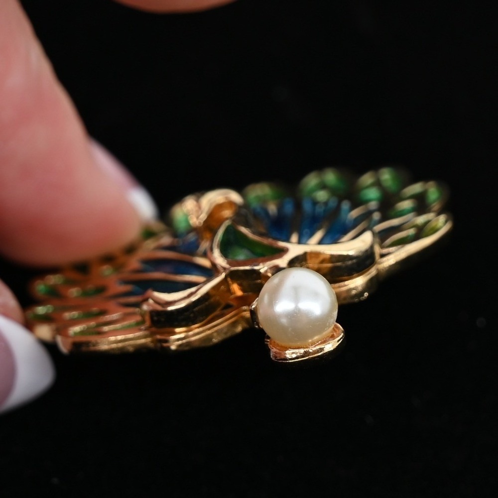 Vintage Napier 1960s Enamel Peacock Brooch Pin & Clip On Feather Earrings Set - Picture 7 of 10